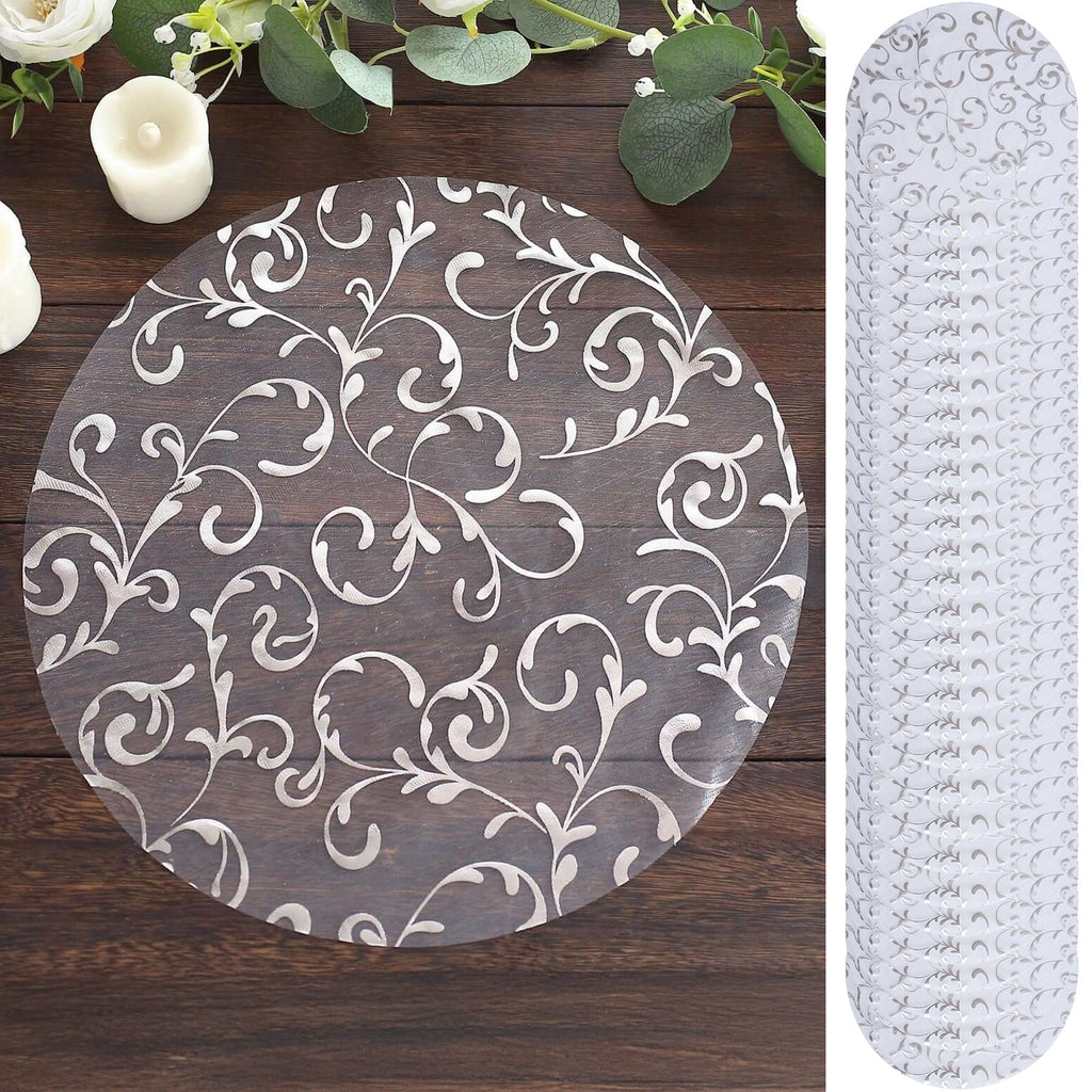 50 - Pack Table Placemats Embossed Foil Flower Design Metallic Silver Round - Sheer Organza Disposable Mats 13" - Bell Racket Store