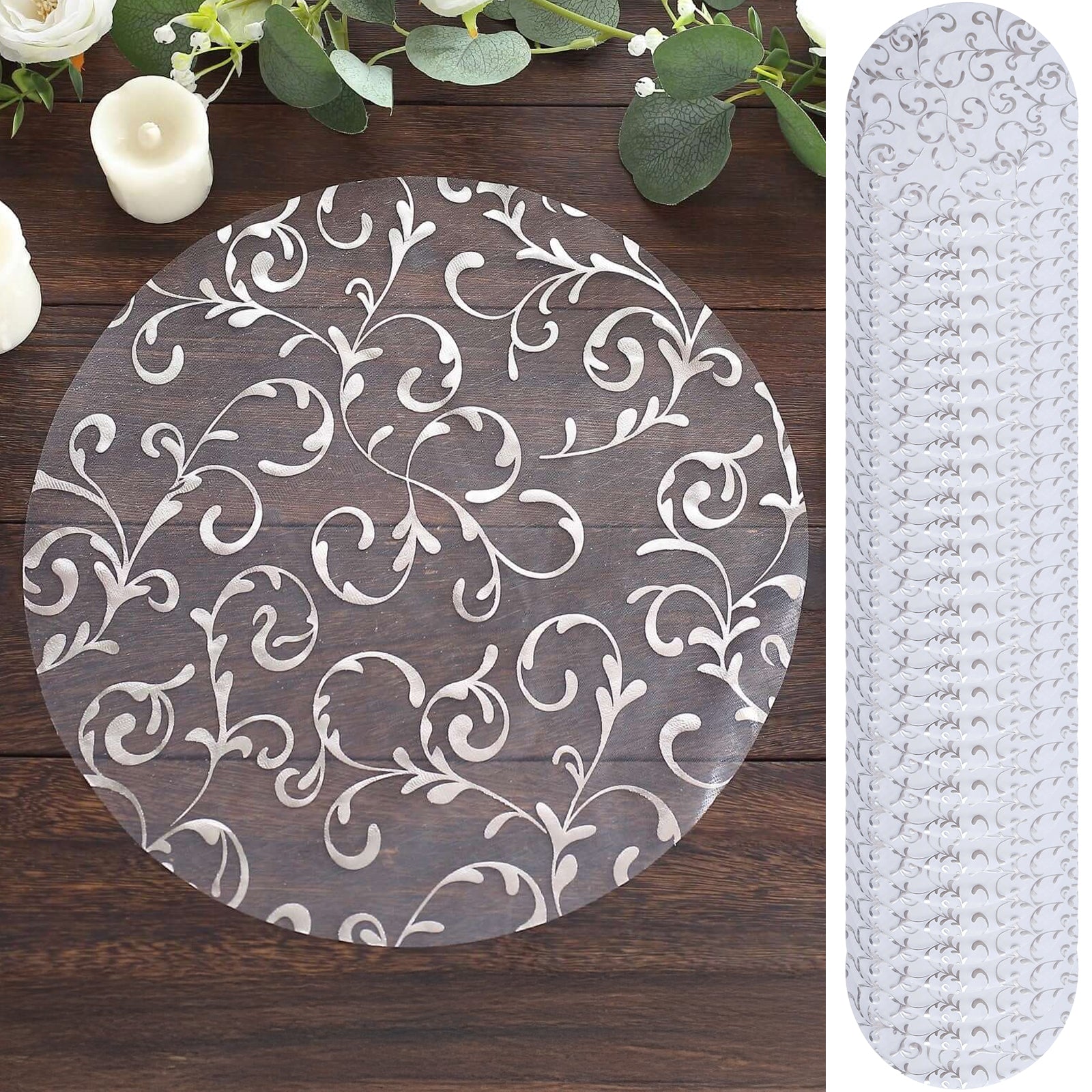 50 - Pack Table Placemats Embossed Foil Flower Design Metallic Silver Round - Sheer Organza Disposable Mats 13" - Bell Racket Store