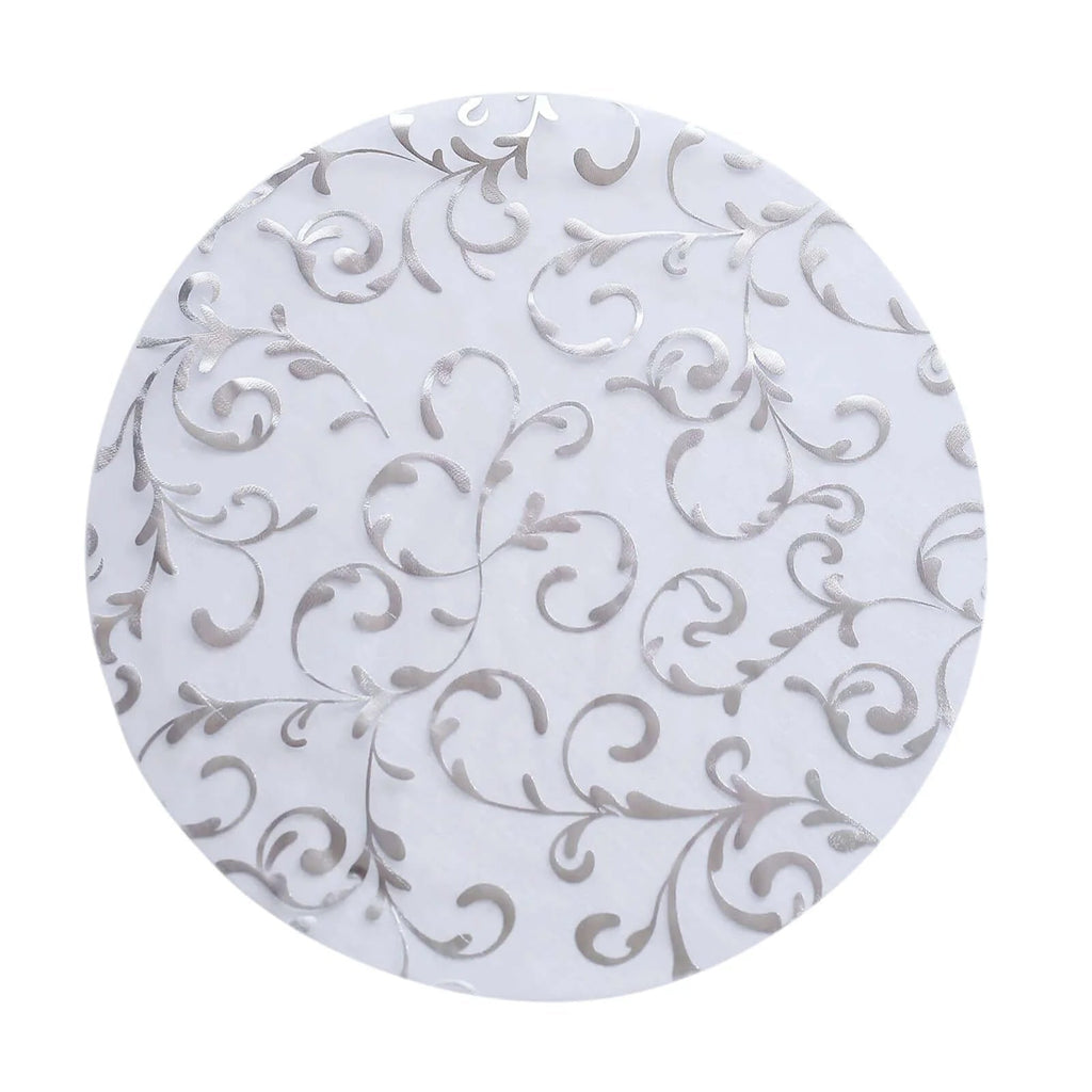 50 - Pack Table Placemats Embossed Foil Flower Design Metallic Silver Round - Sheer Organza Disposable Mats 13" - Bell Racket Store