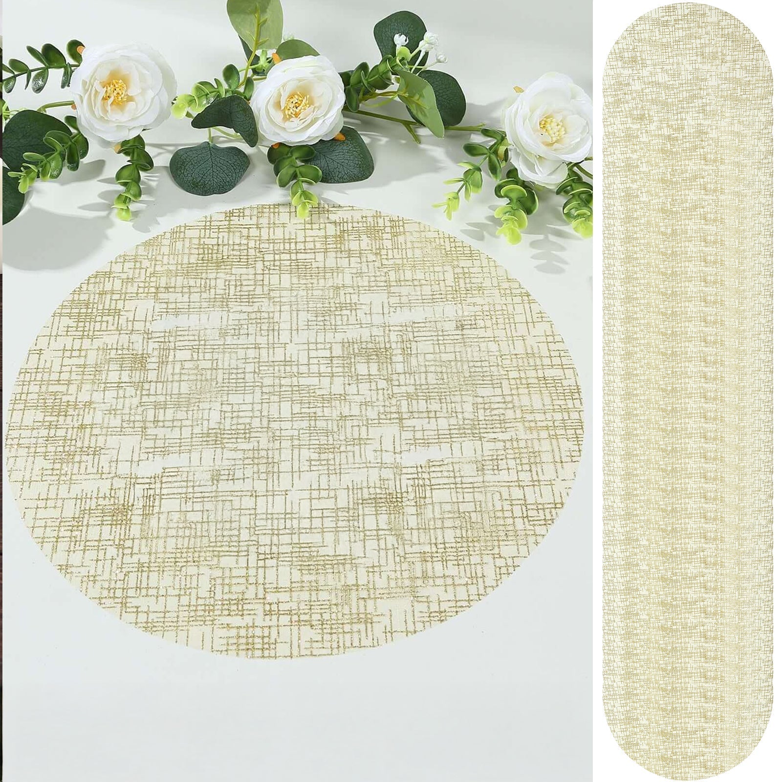 50 - Pack Table Placemats Glitter Design Metallic Gold Round - Mesh Polyester Disposable Mats 13" - Bell Racket Store
