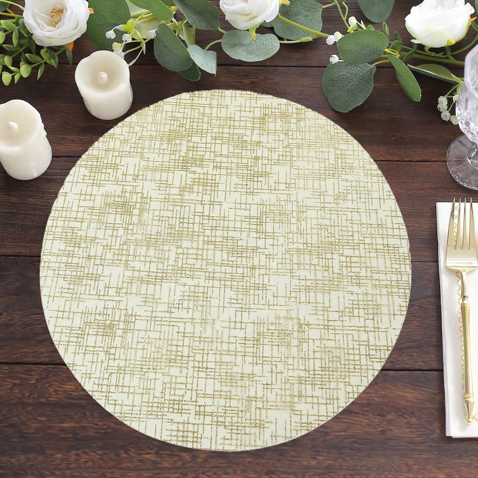 50 - Pack Table Placemats Glitter Design Metallic Gold Round - Mesh Polyester Disposable Mats 13" - Bell Racket Store