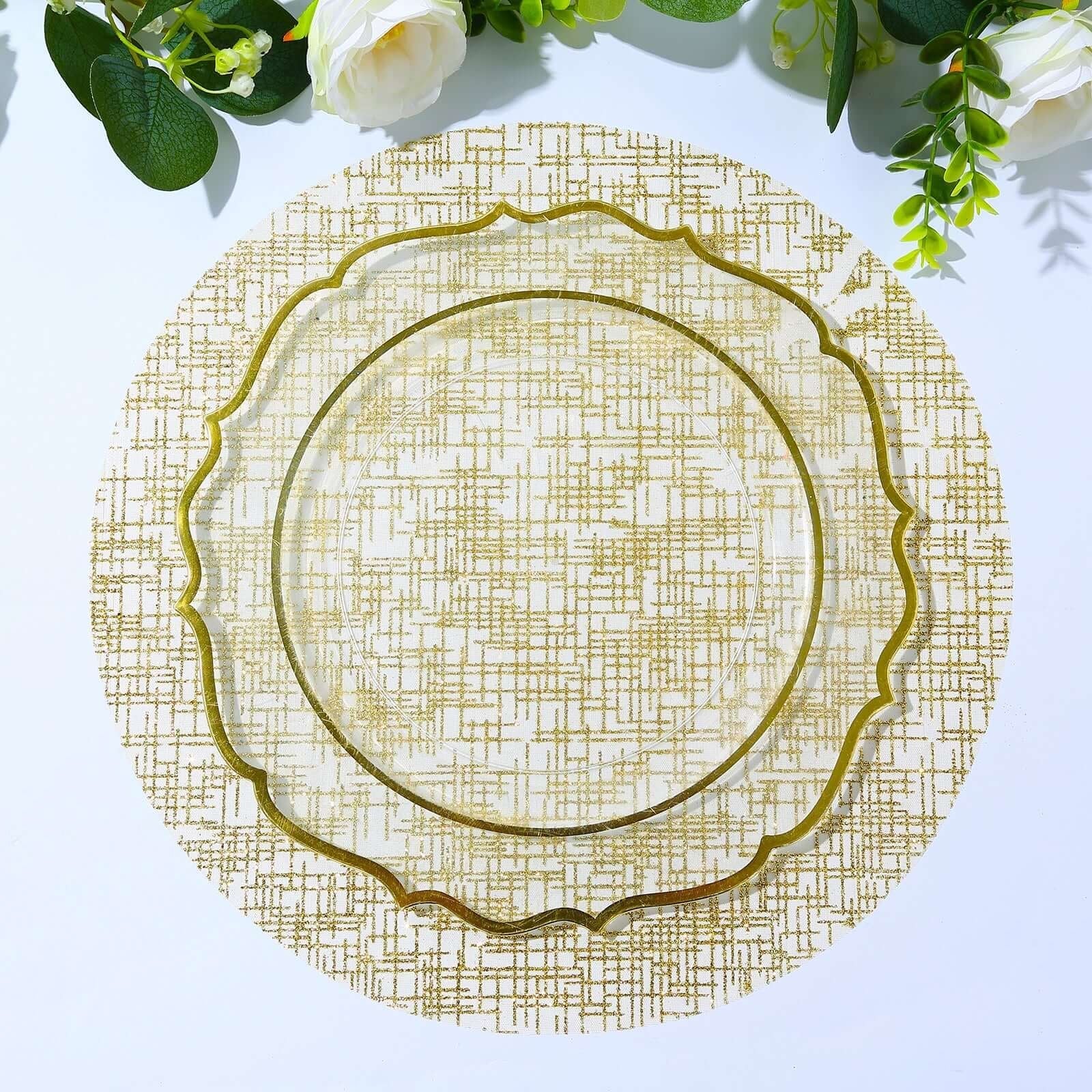 50 - Pack Table Placemats Glitter Design Metallic Gold Round - Mesh Polyester Disposable Mats 13" - Bell Racket Store