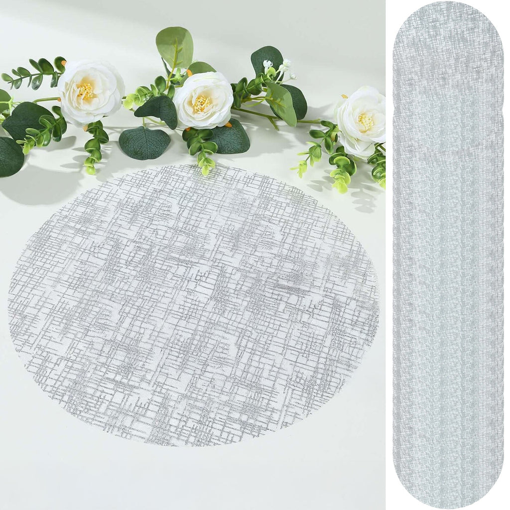50 - Pack Table Placemats Glitter Design Metallic Silver Round - Mesh Polyester Disposable Mats 13" - Bell Racket Store