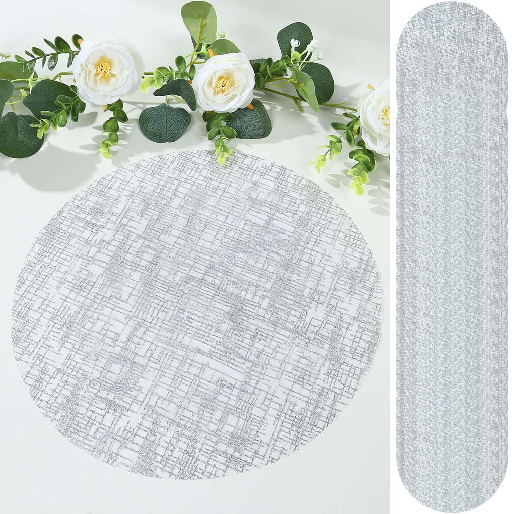 50 - Pack Table Placemats Glitter Design Metallic Silver Round - Mesh Polyester Disposable Mats 13" - Bell Racket Store