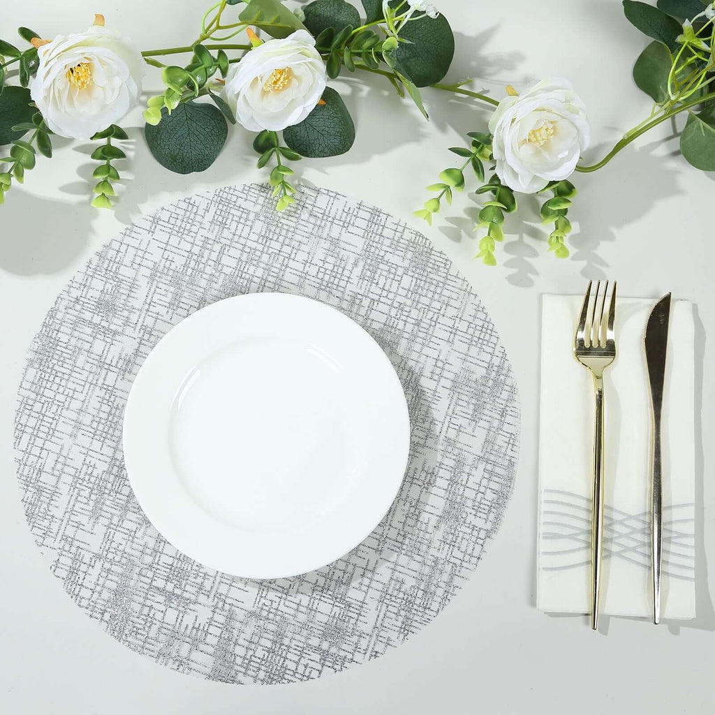 50 - Pack Table Placemats Glitter Design Metallic Silver Round - Mesh Polyester Disposable Mats 13" - Bell Racket Store