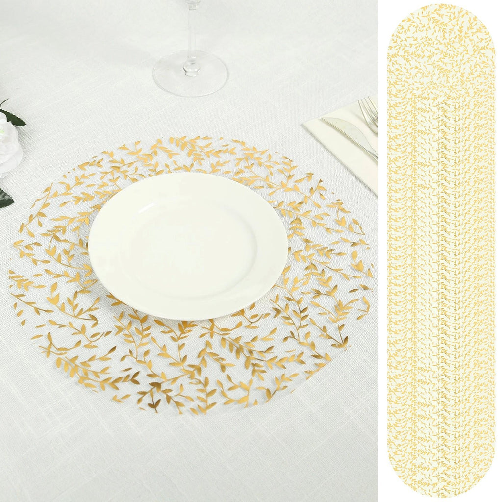 50 - Pack Table Placemats Gold Foil Leaf Vine Design White Round - Organza Disposable Floral Mats 13" - Bell Racket Store