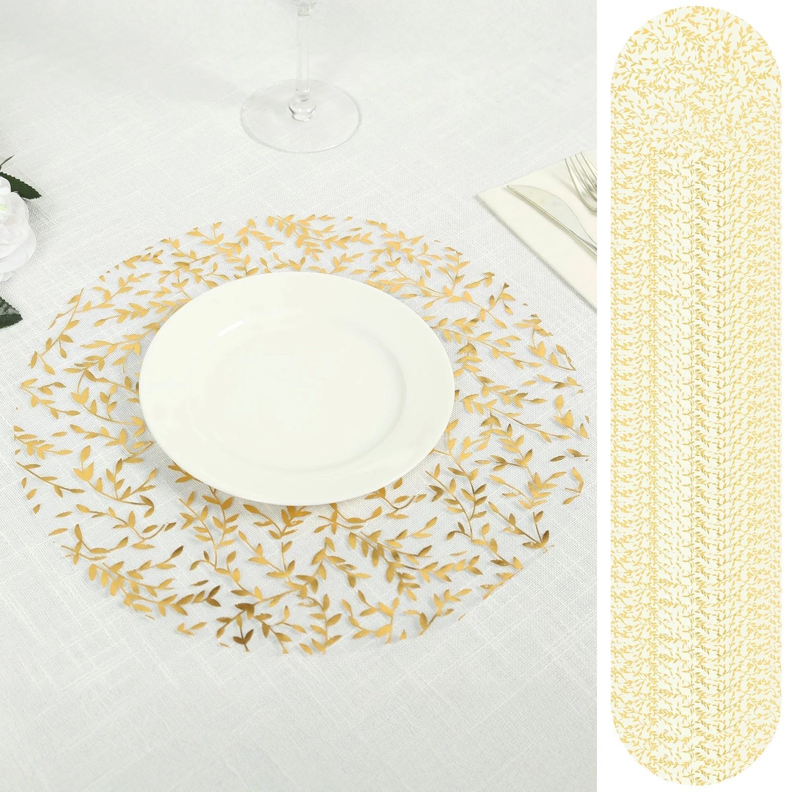 50 - Pack Table Placemats Gold Foil Leaf Vine Design White Round - Organza Disposable Floral Mats 13" - Bell Racket Store