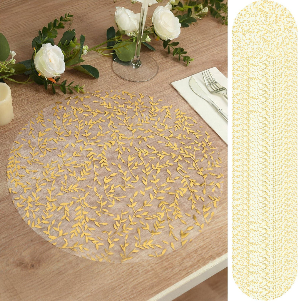 50 - Pack Table Placemats Gold Foil Leaf Vine Design White Round - Organza Disposable Floral Mats 13" - Bell Racket Store