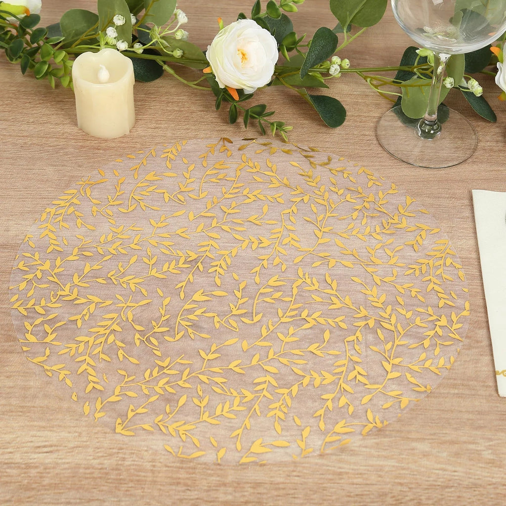 50 - Pack Table Placemats Gold Foil Leaf Vine Design White Round - Organza Disposable Floral Mats 13" - Bell Racket Store