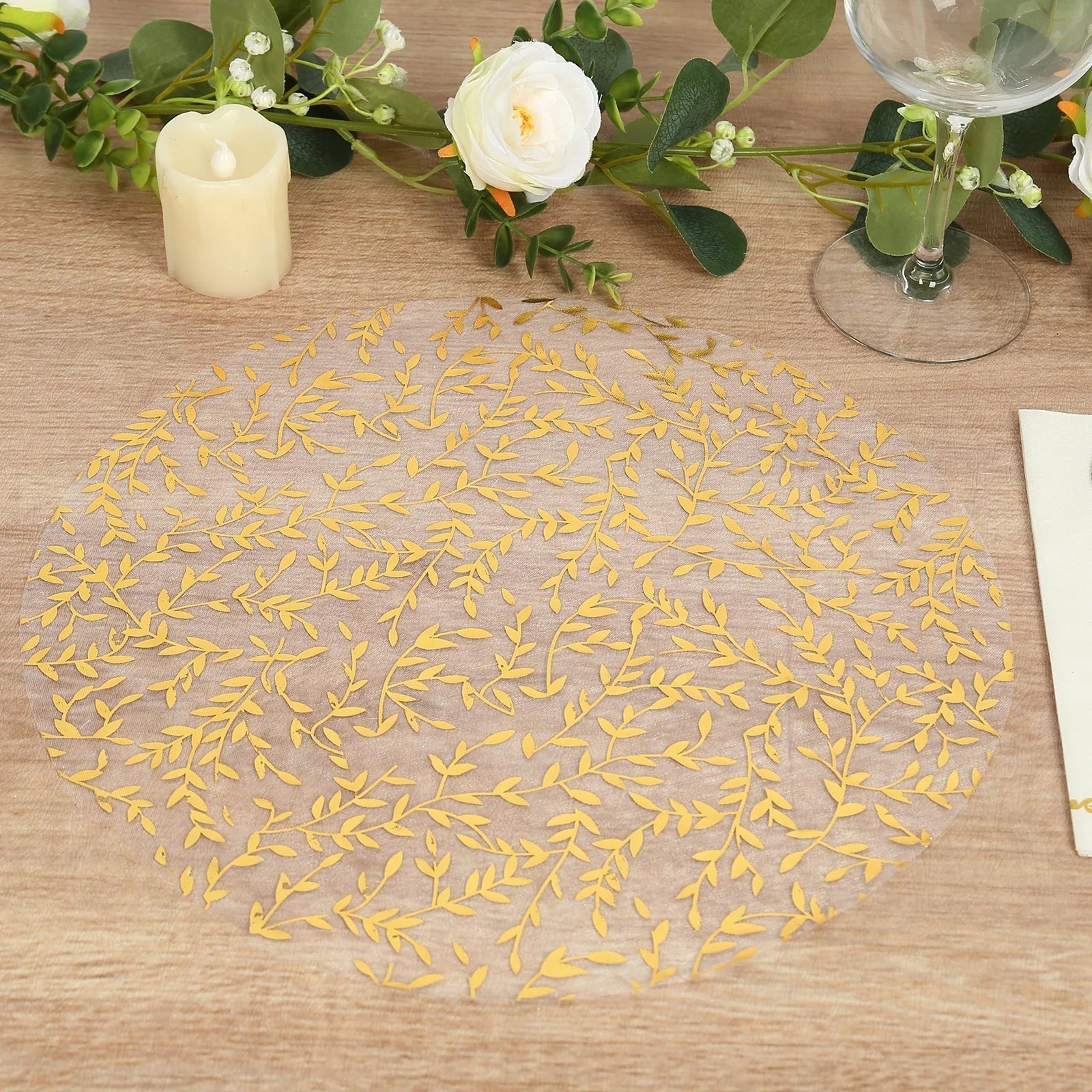 50 - Pack Table Placemats Gold Foil Leaf Vine Design White Round - Organza Disposable Floral Mats 13" - Bell Racket Store