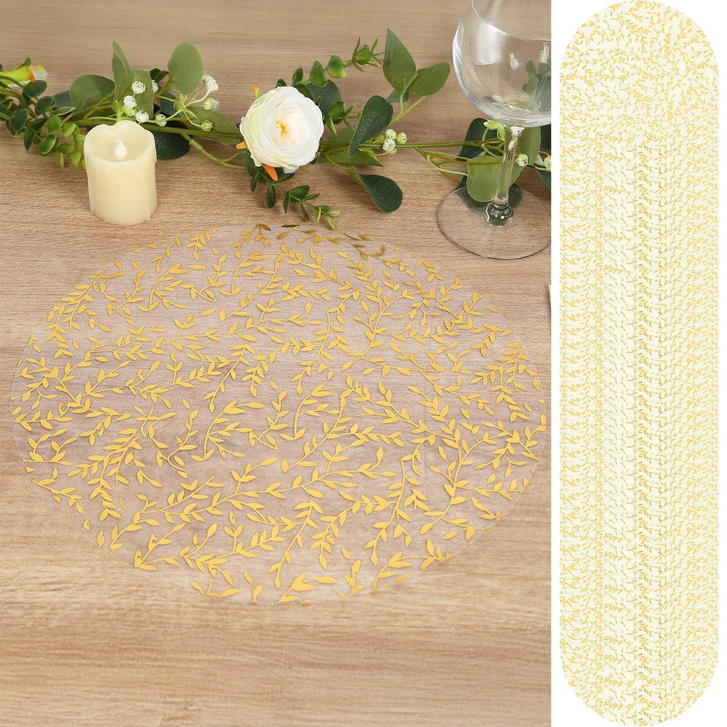 50 - Pack Table Placemats Gold Foil Leaf Vine Design White Round - Organza Disposable Floral Mats 13" - Bell Racket Store