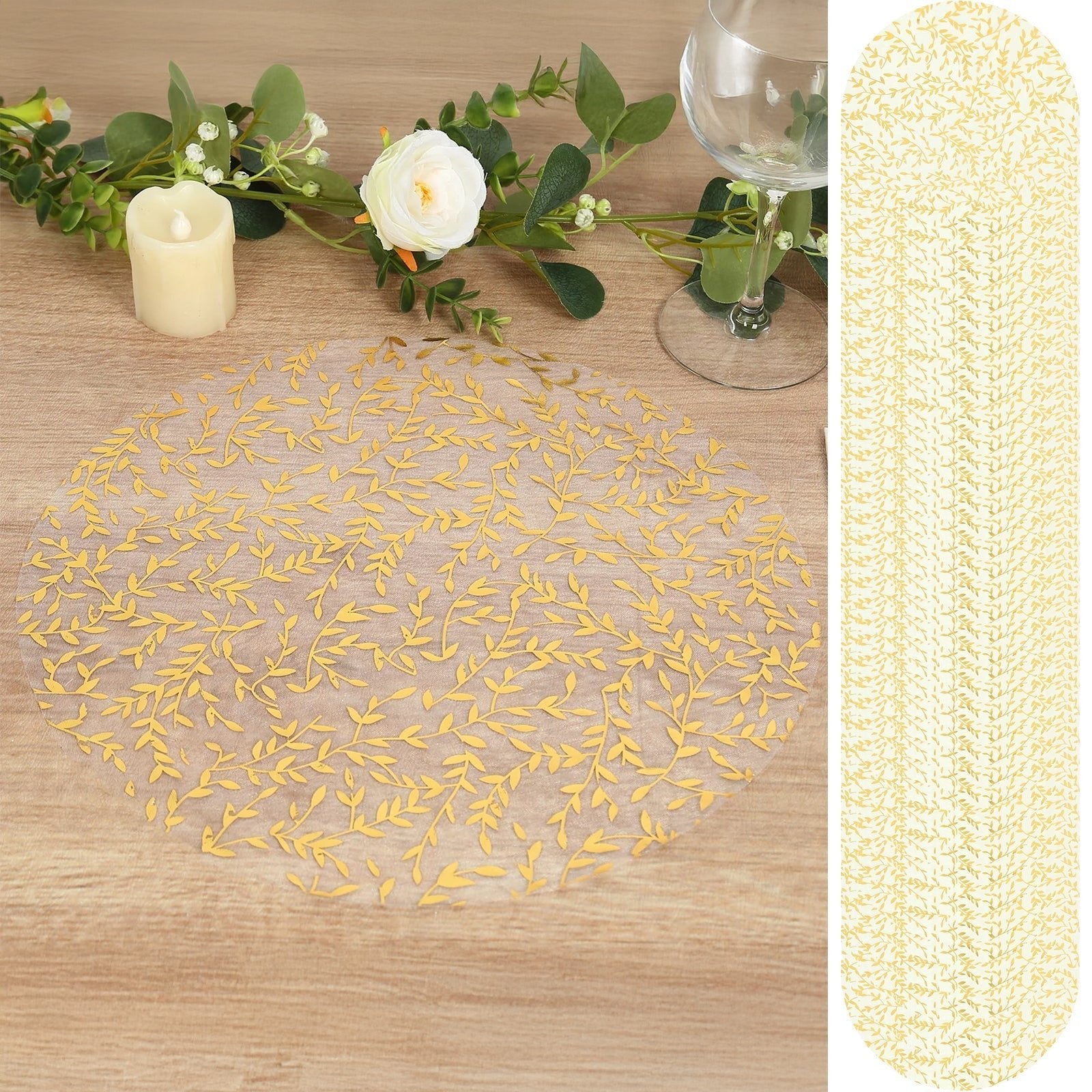 50 - Pack Table Placemats Gold Foil Leaf Vine Design White Round - Organza Disposable Floral Mats 13" - Bell Racket Store