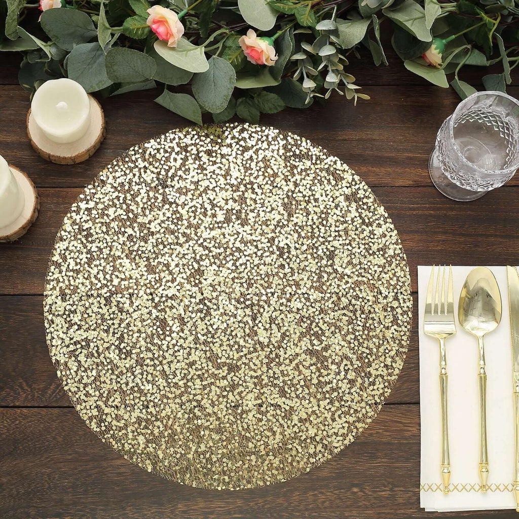 50 - Pack Table Placemats Sequin Design Metallic Gold Round - Mesh Disposable Dust - Free Dining Mats 13" - Bell Racket Store