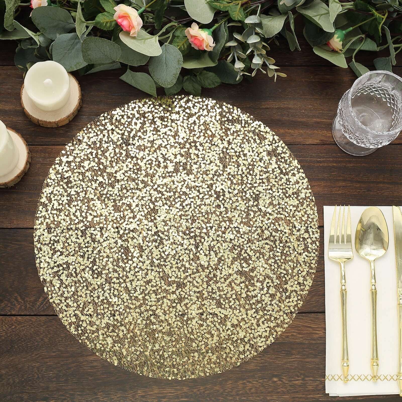 50 - Pack Table Placemats Sequin Design Metallic Gold Round - Mesh Disposable Dust - Free Dining Mats 13" - Bell Racket Store