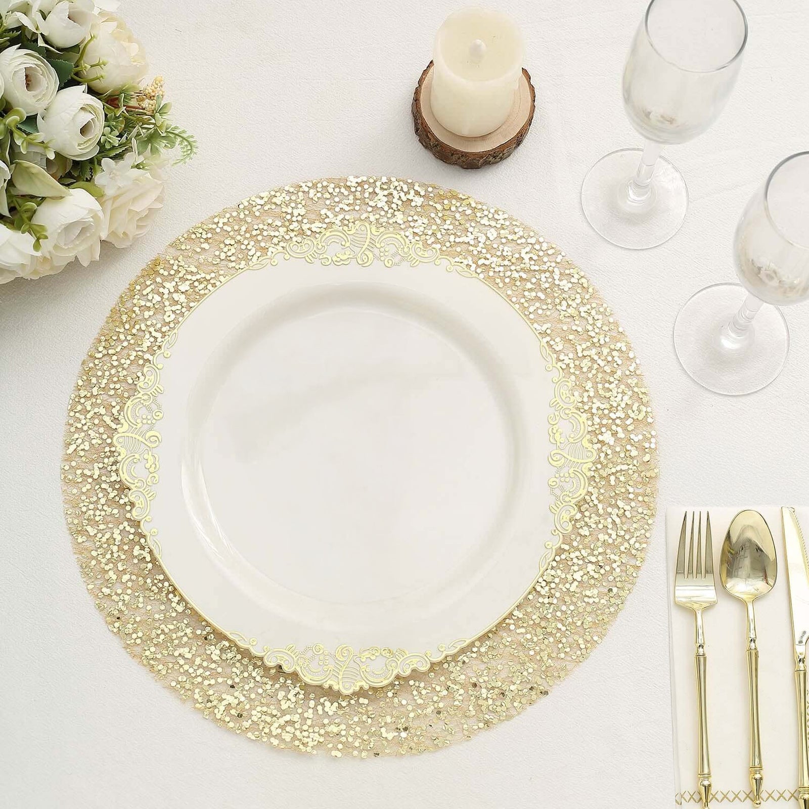 50 - Pack Table Placemats Sequin Design Metallic Gold Round - Mesh Disposable Dust - Free Dining Mats 13" - Bell Racket Store