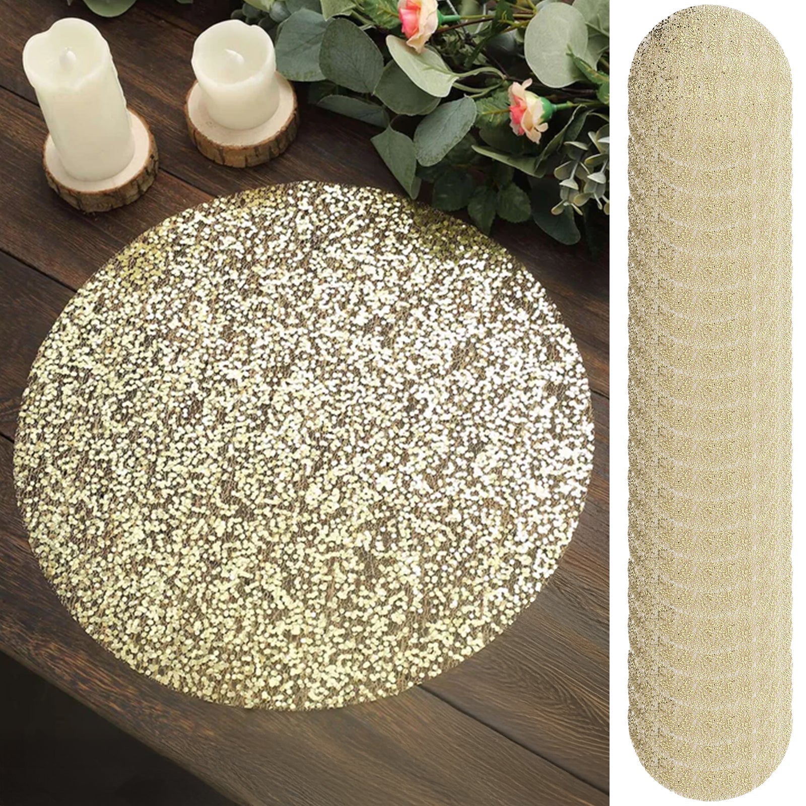 50 - Pack Table Placemats Sequin Design Metallic Gold Round - Mesh Disposable Dust - Free Dining Mats 13" - Bell Racket Store