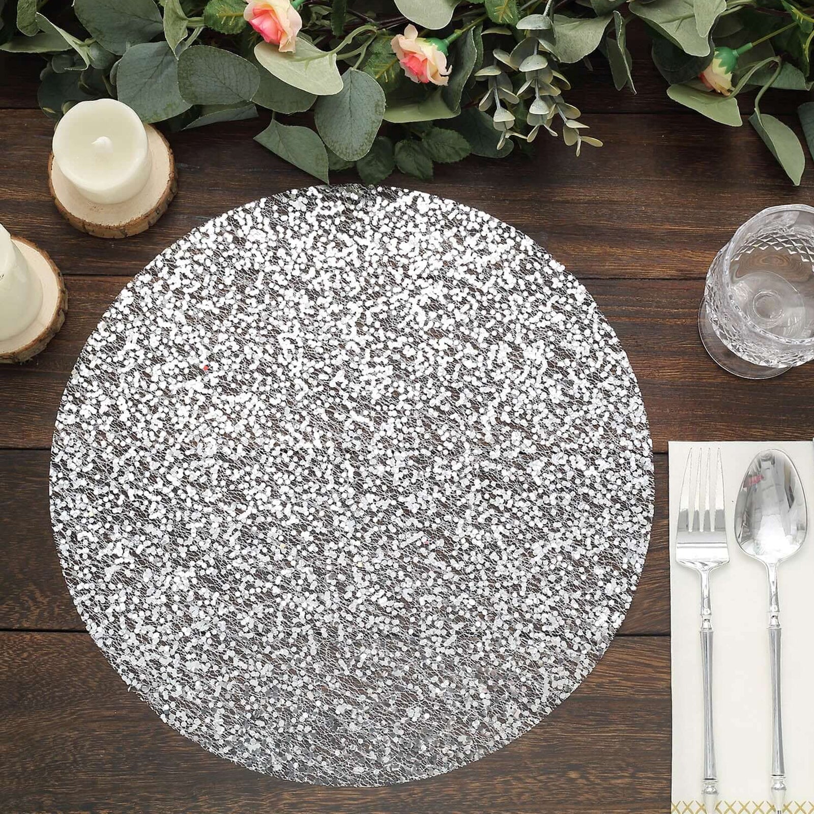 50 - Pack Table Placemats Sequin Design Metallic Silver Round - Mesh Disposable Dust - Free Dining Mats 13" - Bell Racket Store
