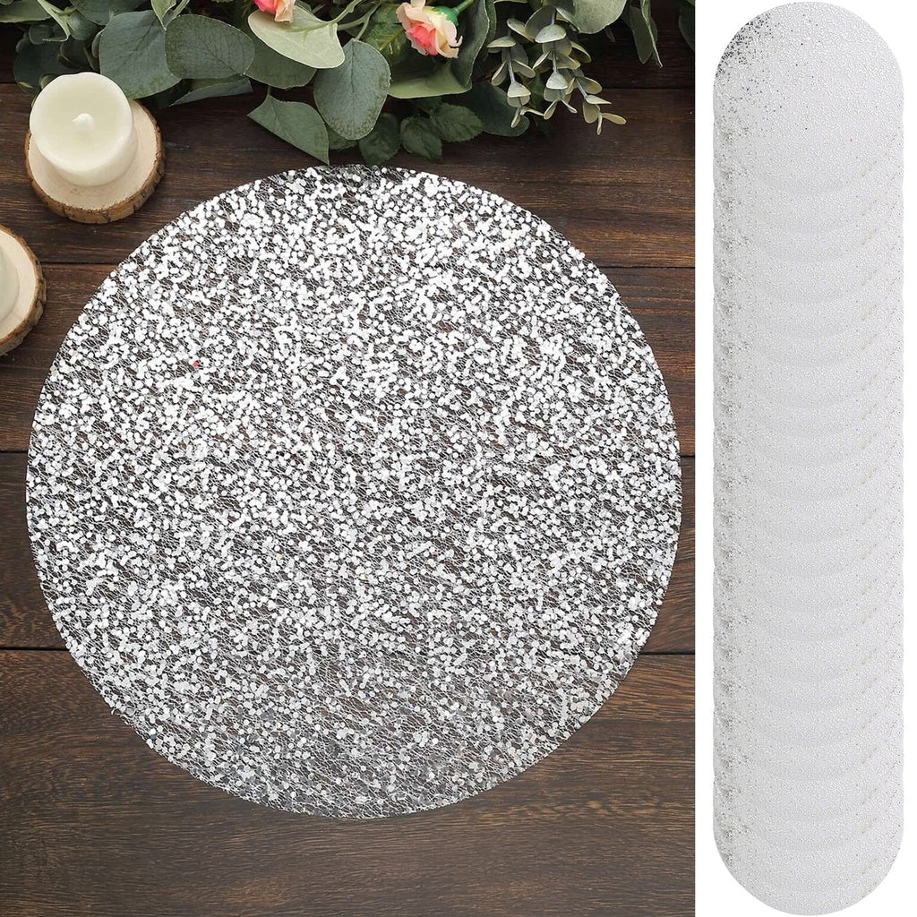 50 - Pack Table Placemats Sequin Design Metallic Silver Round - Mesh Disposable Dust - Free Dining Mats 13" - Bell Racket Store