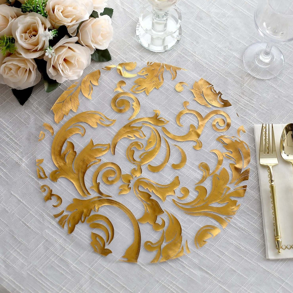 50 - Pack Table Placemats Swirl Foil Floral Design Metallic Gold Round - Sheer Organza Disposable Mats 13" - Bell Racket Store