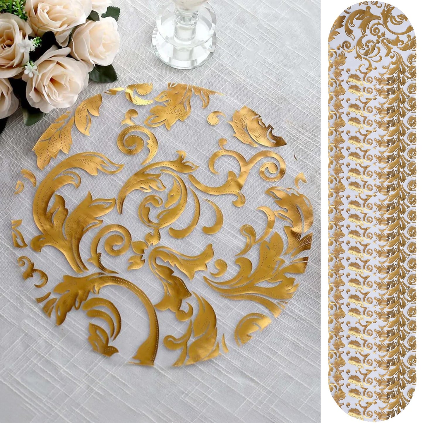 50 - Pack Table Placemats Swirl Foil Floral Design Metallic Gold Round - Sheer Organza Disposable Mats 13" - Bell Racket Store