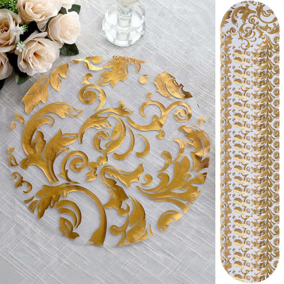 50 - Pack Table Placemats Swirl Foil Floral Design Metallic Gold Round - Sheer Organza Disposable Mats 13" - Bell Racket Store
