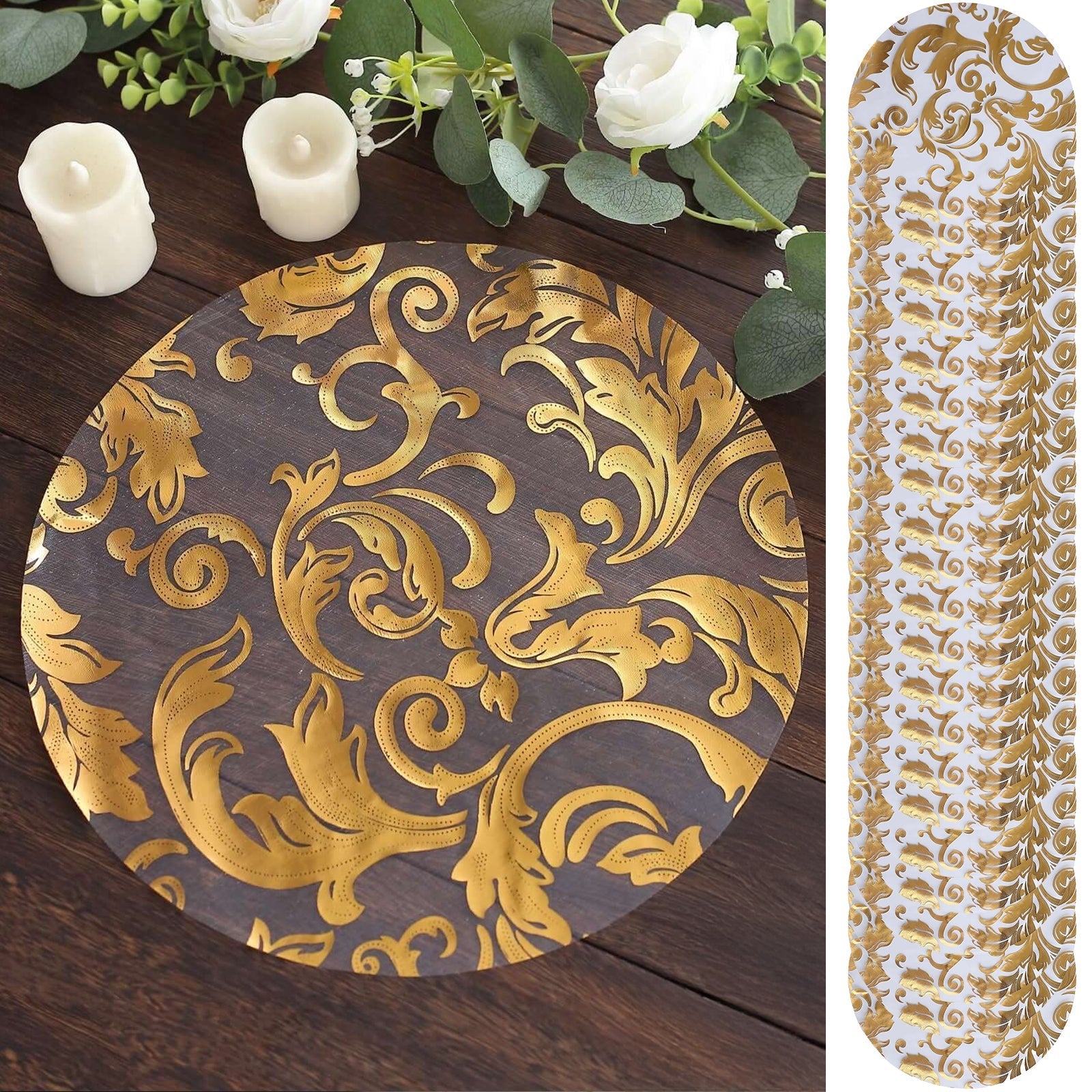 50 - Pack Table Placemats Swirl Foil Floral Design Metallic Gold Round - Sheer Organza Disposable Mats 13" - Bell Racket Store