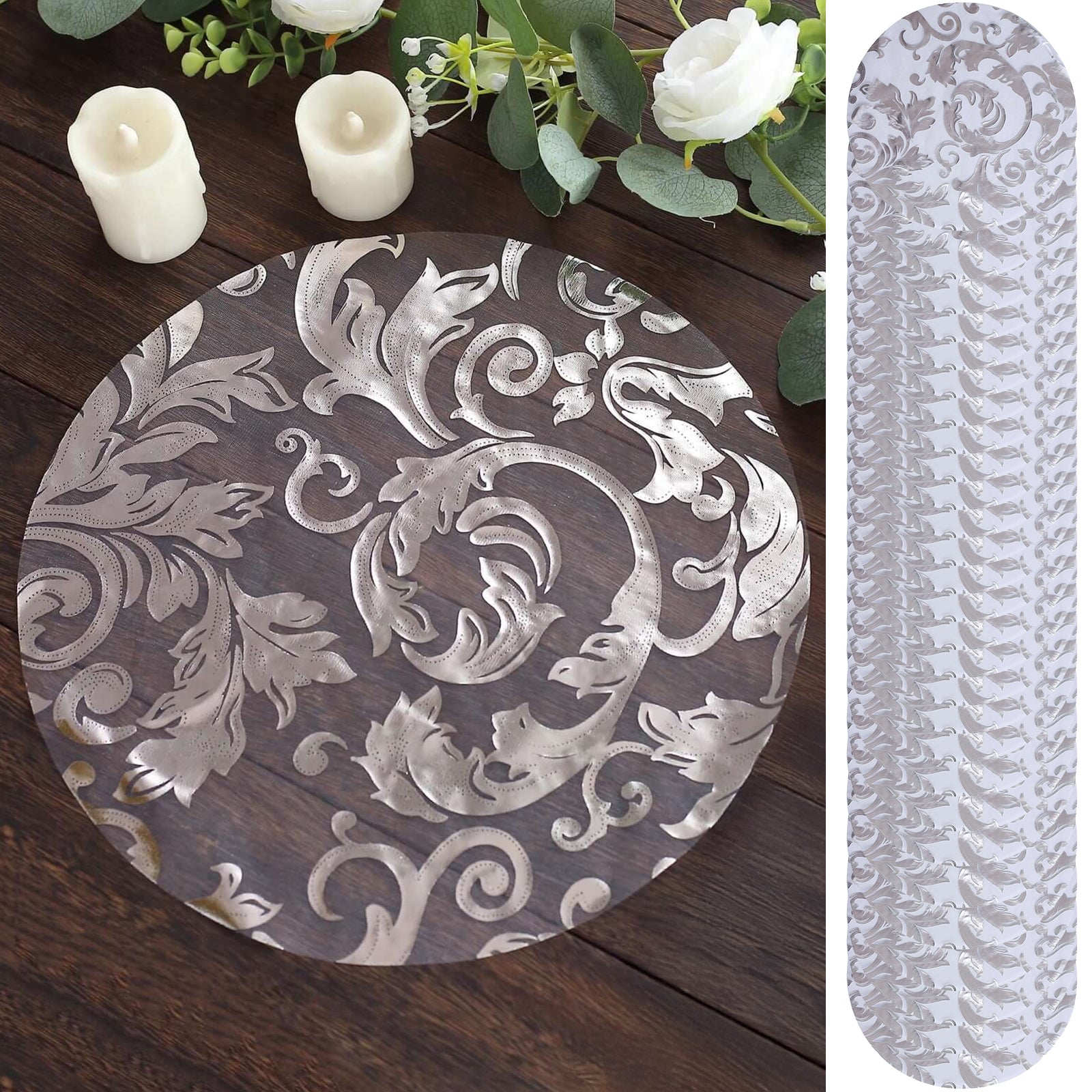 50 - Pack Table Placemats Swirl Foil Floral Design Metallic Silver Round - Sheer Organza Disposable Mats 13" - Bell Racket Store