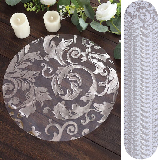 50 - Pack Table Placemats Swirl Foil Floral Design Metallic Silver Round - Sheer Organza Disposable Mats 13" - Bell Racket Store
