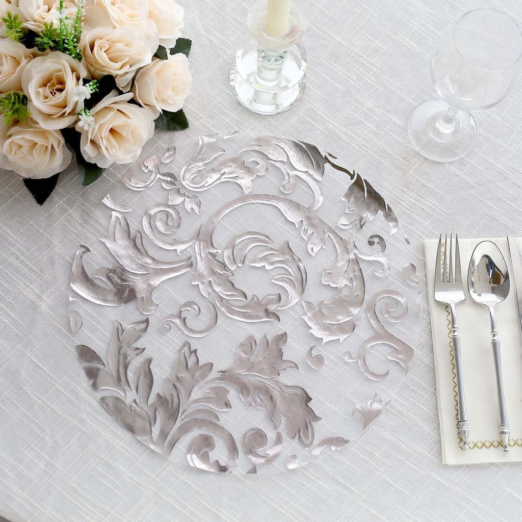50 - Pack Table Placemats Swirl Foil Floral Design Metallic Silver Round - Sheer Organza Disposable Mats 13" - Bell Racket Store