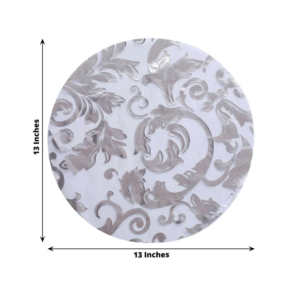 50 - Pack Table Placemats Swirl Foil Floral Design Metallic Silver Round - Sheer Organza Disposable Mats 13" - Bell Racket Store