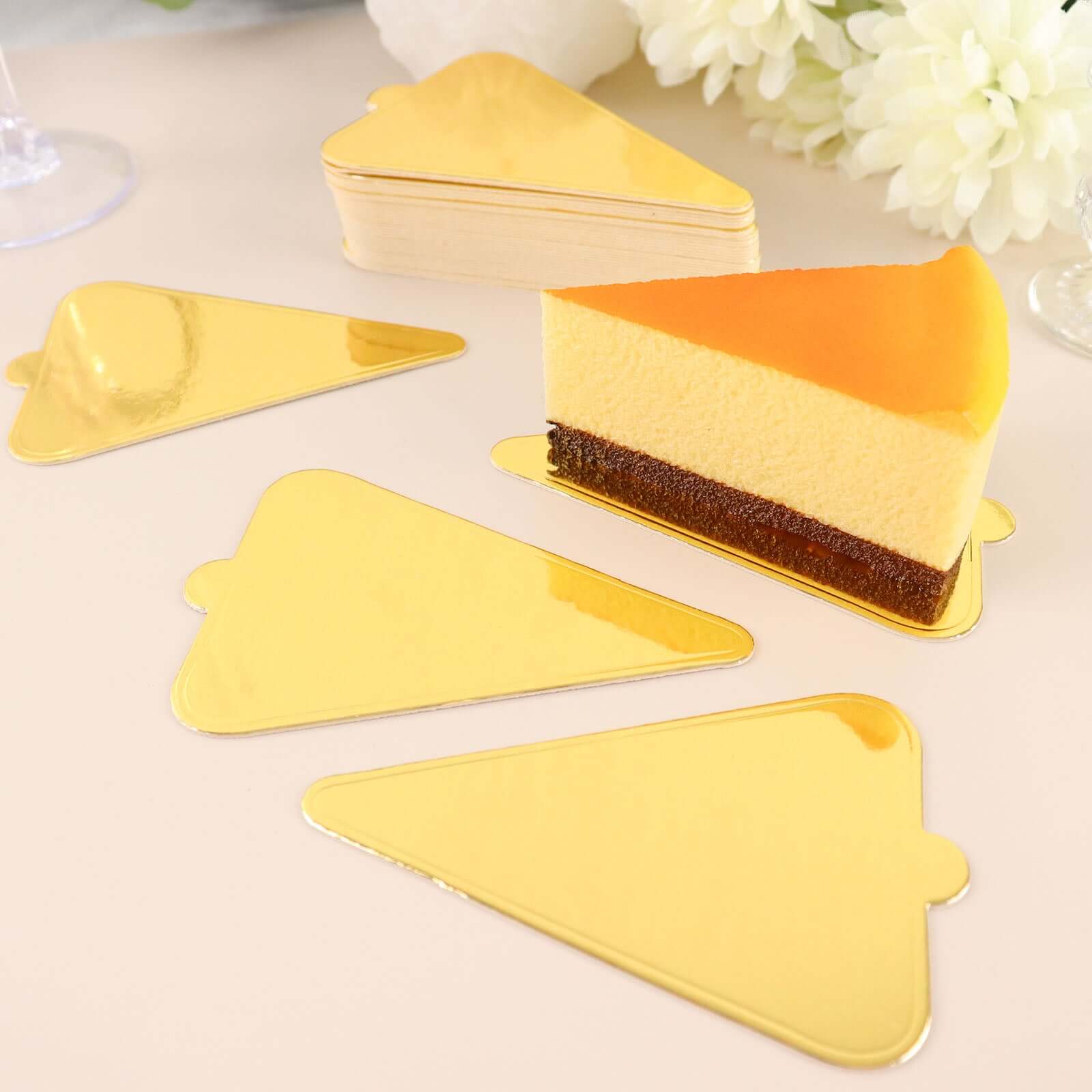 50 - Pack Triangle Cake Boards in Gold Cardboard - Grease Proof Mini Paper Trays for Pastries Cupcakes & Dessert Slices 2.8"x 4.5" - Bell Racket Store