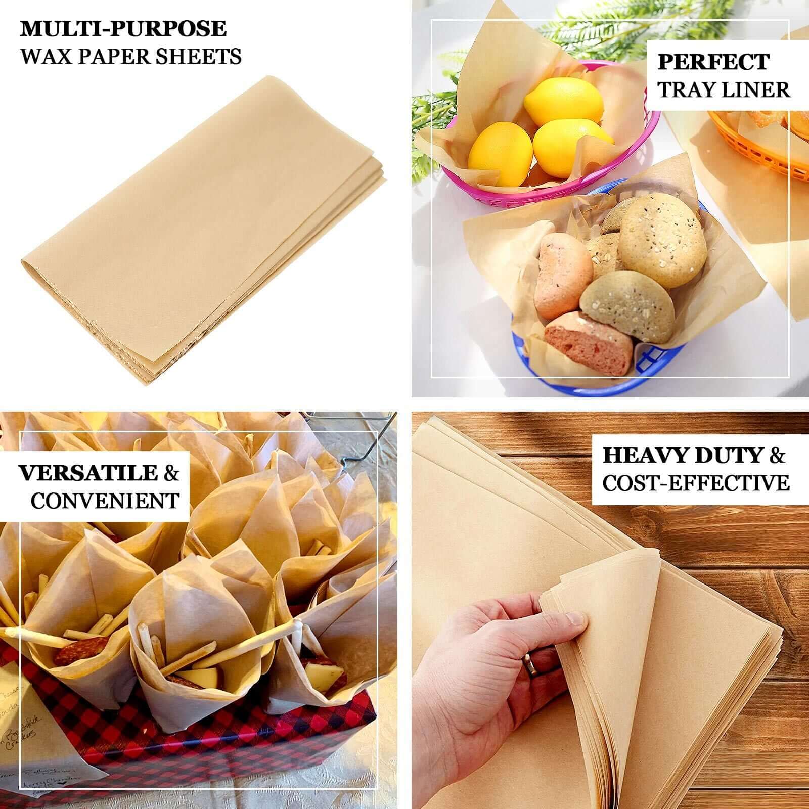 50 - Pack Wax Paper Basket Liners Square Design Natural Brown - Perfect for Sandwiches and Food Wrapping 12" 40GSM - Bell Racket Store
