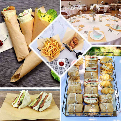 50 - Pack Wax Paper Basket Liners Square Design Natural Brown - Perfect for Sandwiches and Food Wrapping 12" 40GSM - Bell Racket Store