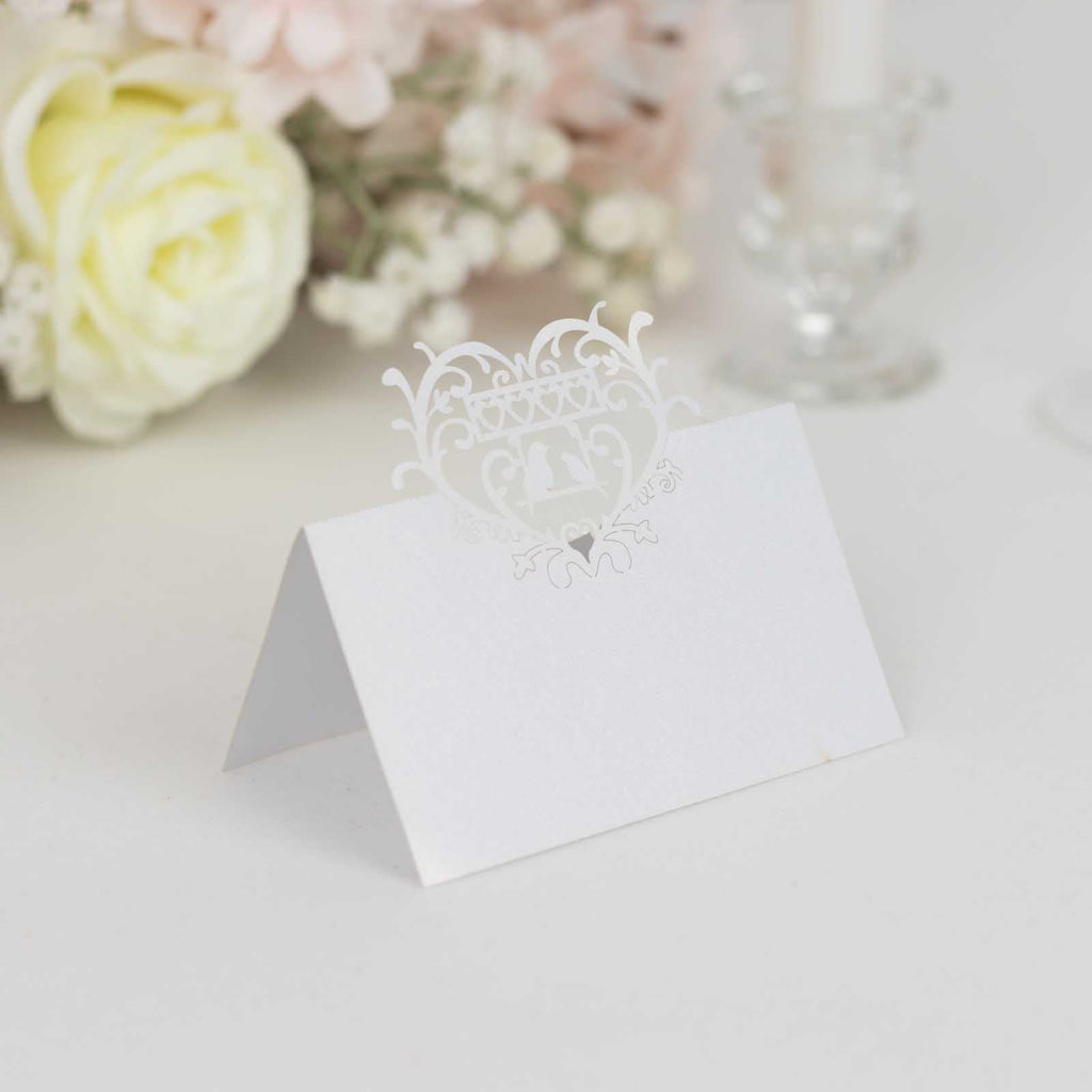 50 - Pack Wedding Place Cards with Laser Cut Hollow Heart Design White - Printable Reservation Seating Tent Cards 210 GSM - Bell Racket Store