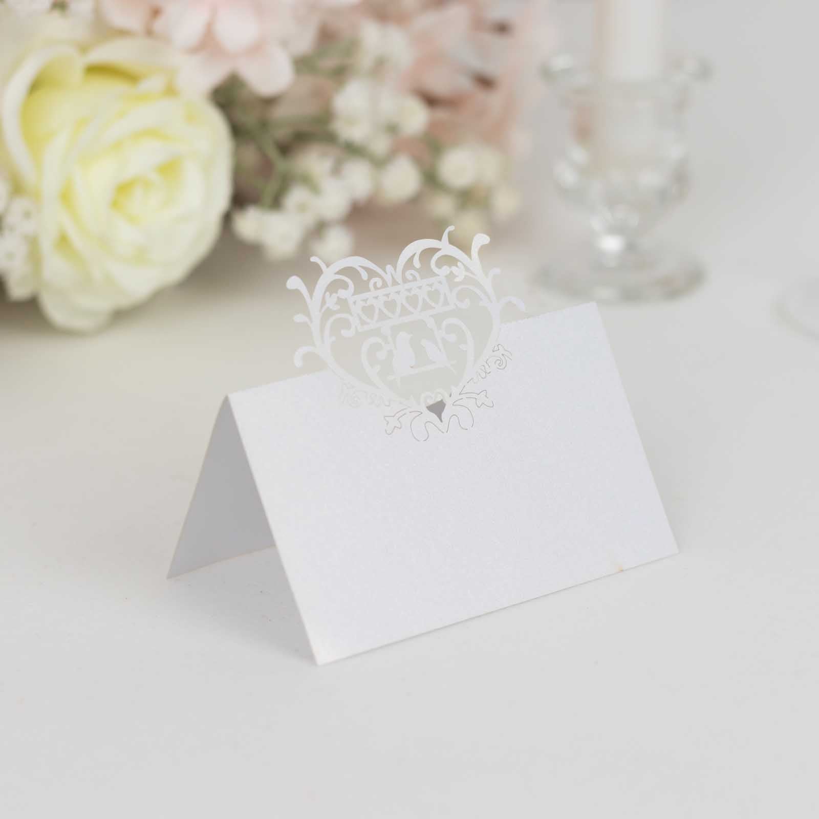 50 - Pack Wedding Place Cards with Laser Cut Hollow Heart Design White - Printable Reservation Seating Tent Cards 210 GSM - Bell Racket Store