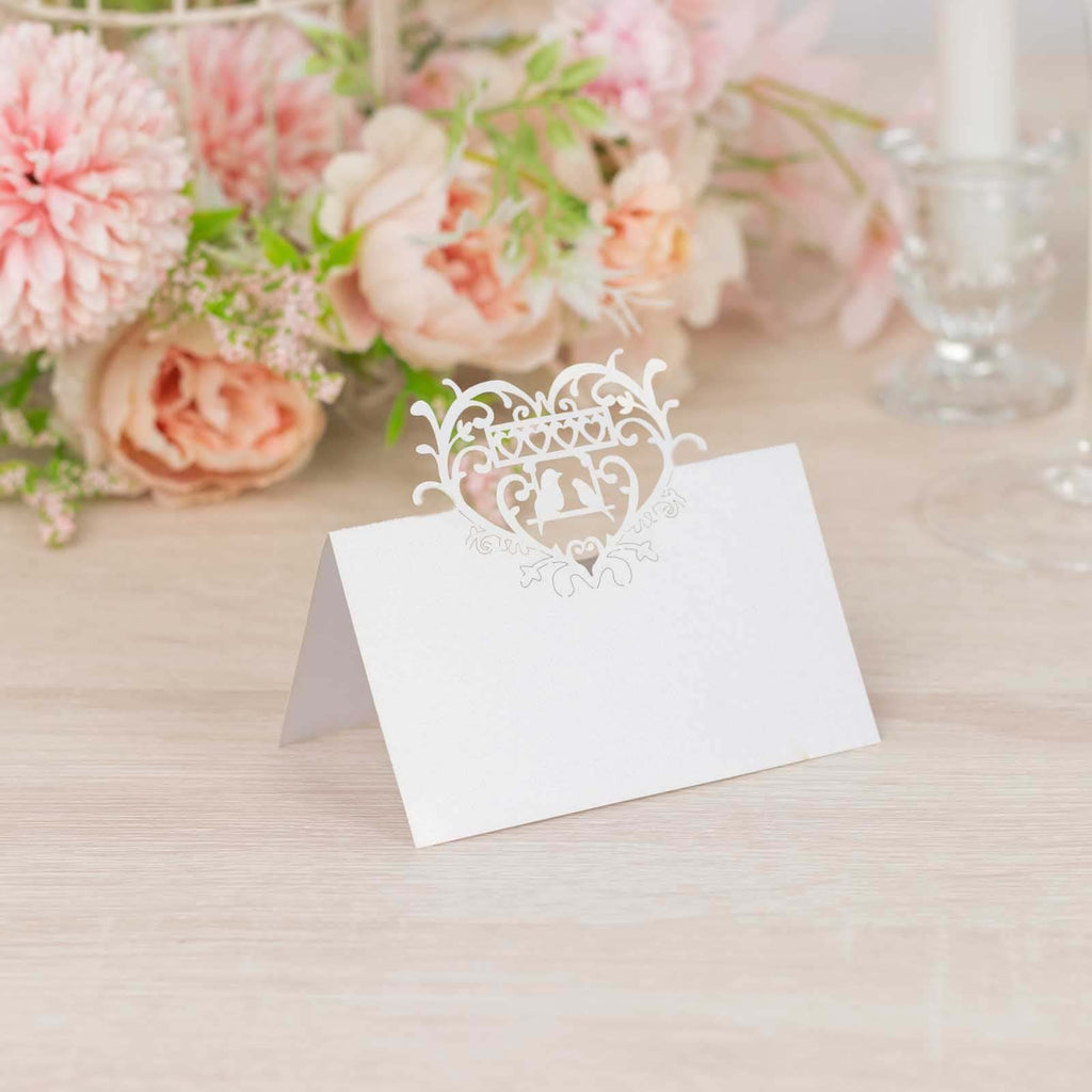 50 - Pack Wedding Place Cards with Laser Cut Hollow Heart Design White - Printable Reservation Seating Tent Cards 210 GSM - Bell Racket Store