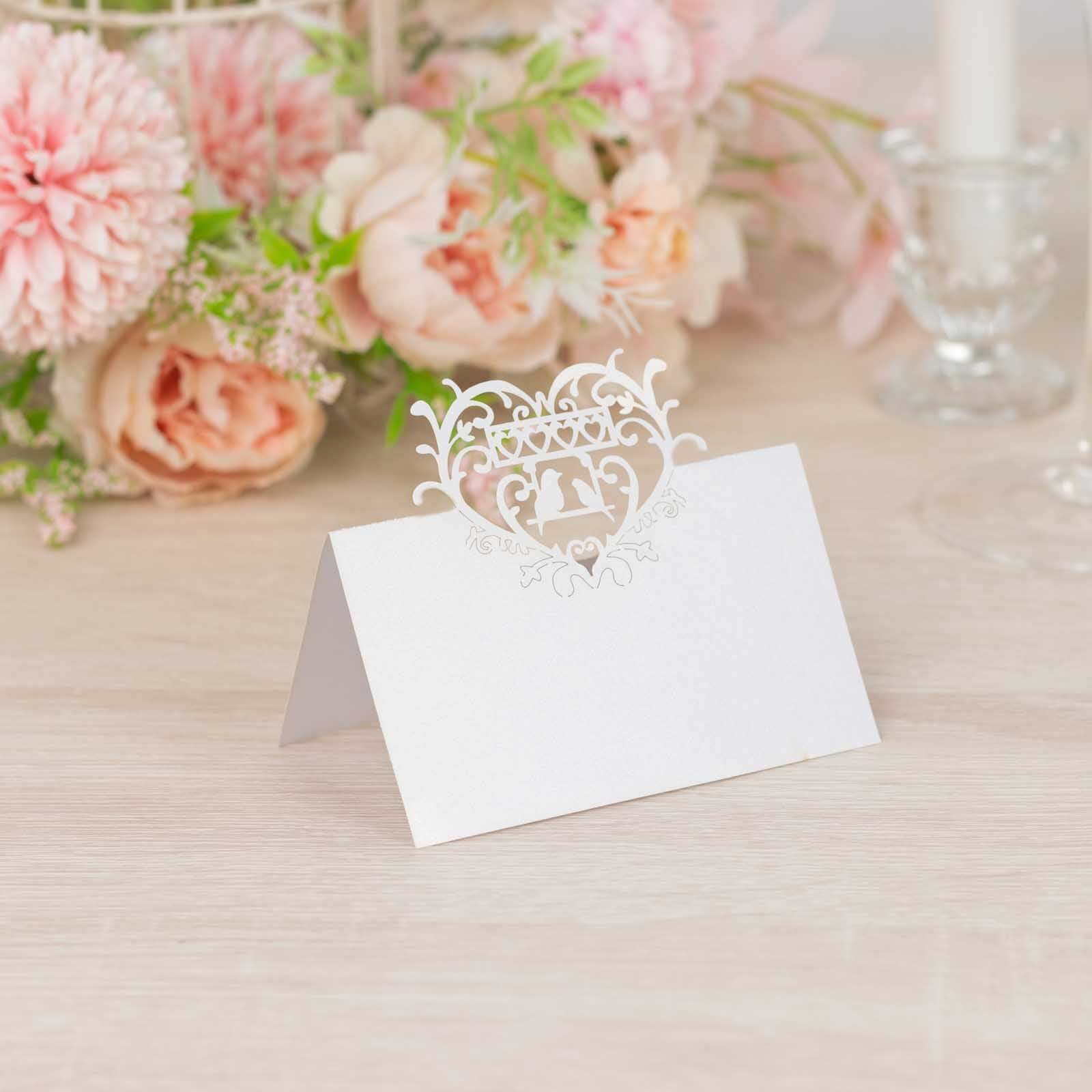 50 - Pack Wedding Place Cards with Laser Cut Hollow Heart Design White - Printable Reservation Seating Tent Cards 210 GSM - Bell Racket Store