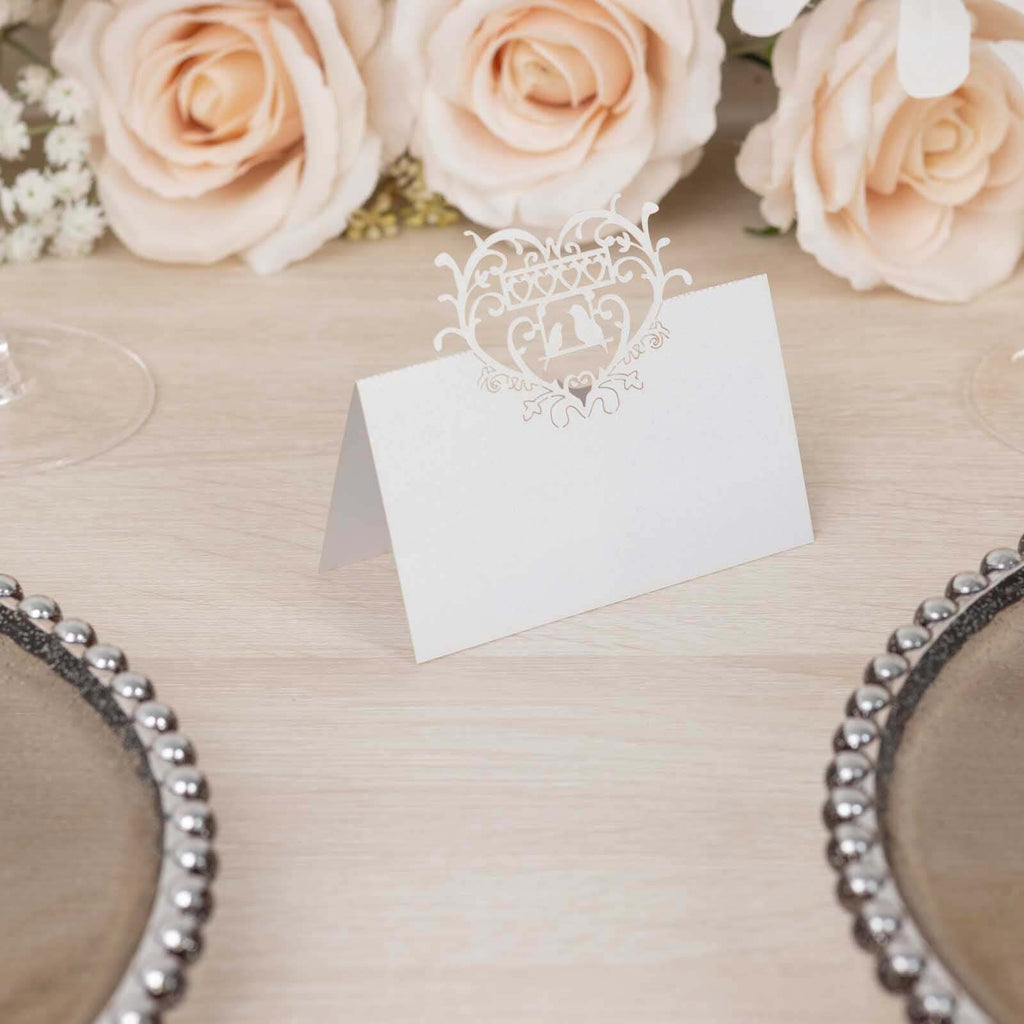 50 - Pack Wedding Place Cards with Laser Cut Hollow Heart Design White - Printable Reservation Seating Tent Cards 210 GSM - Bell Racket Store