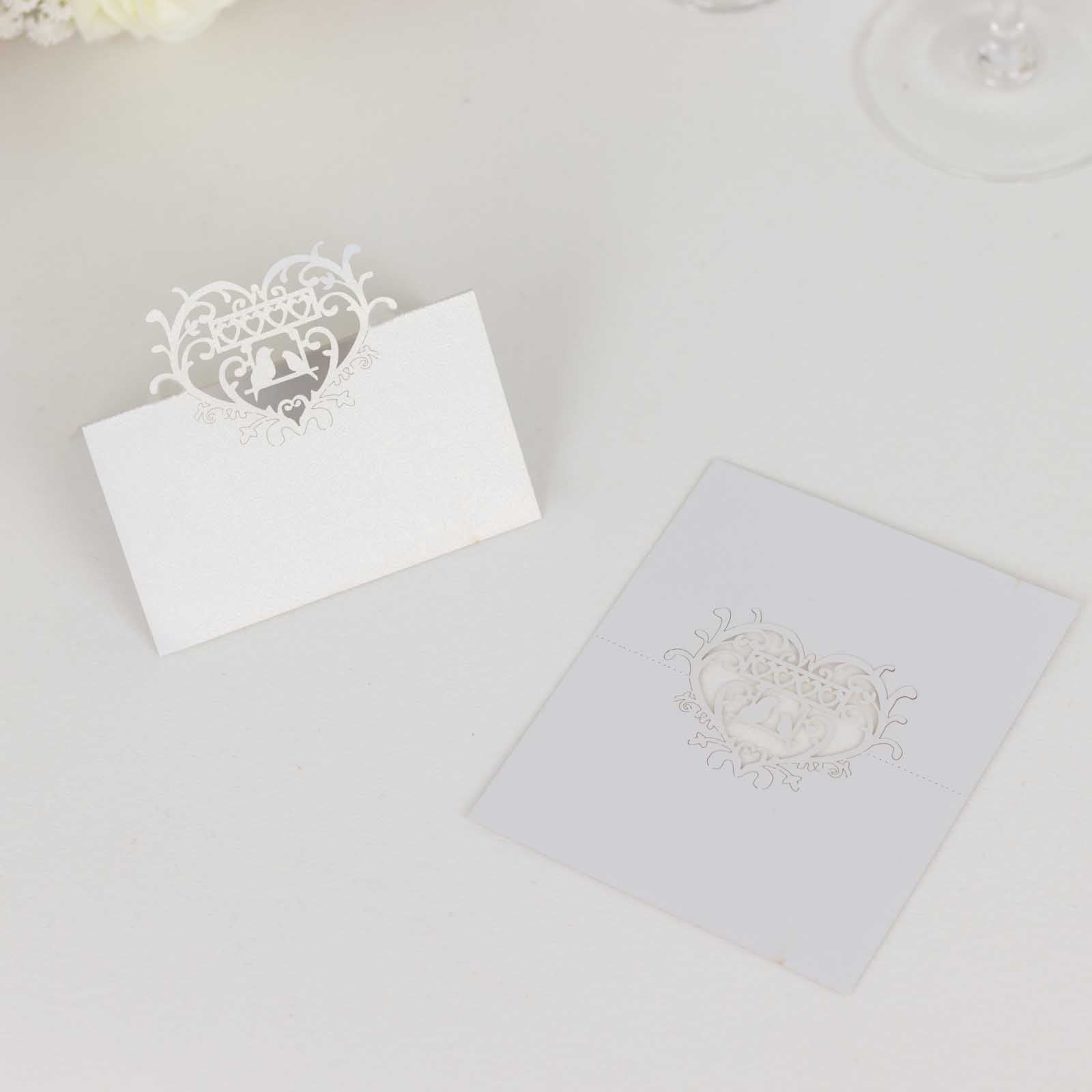 50 - Pack Wedding Place Cards with Laser Cut Hollow Heart Design White - Printable Reservation Seating Tent Cards 210 GSM - Bell Racket Store