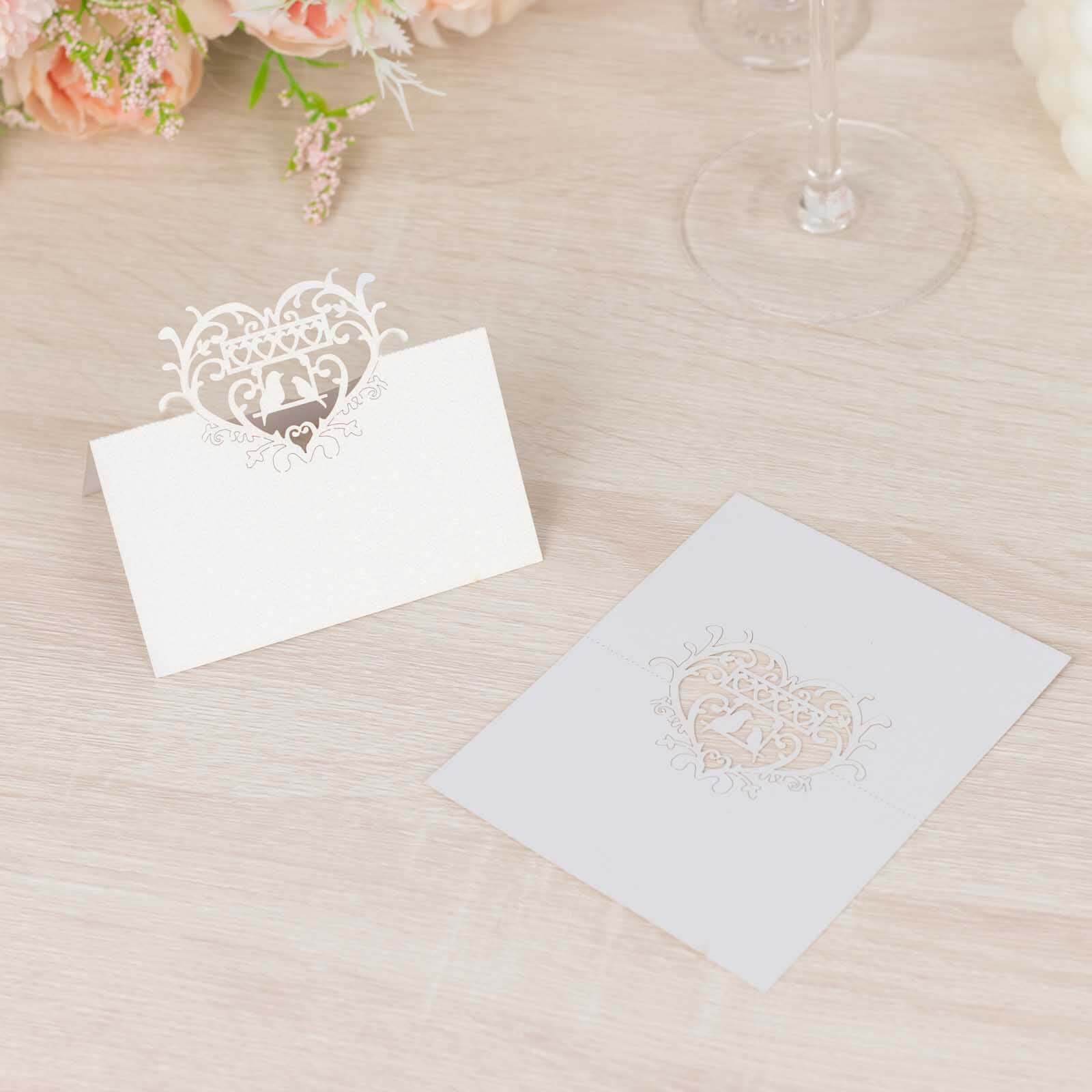 50 - Pack Wedding Place Cards with Laser Cut Hollow Heart Design White - Printable Reservation Seating Tent Cards 210 GSM - Bell Racket Store