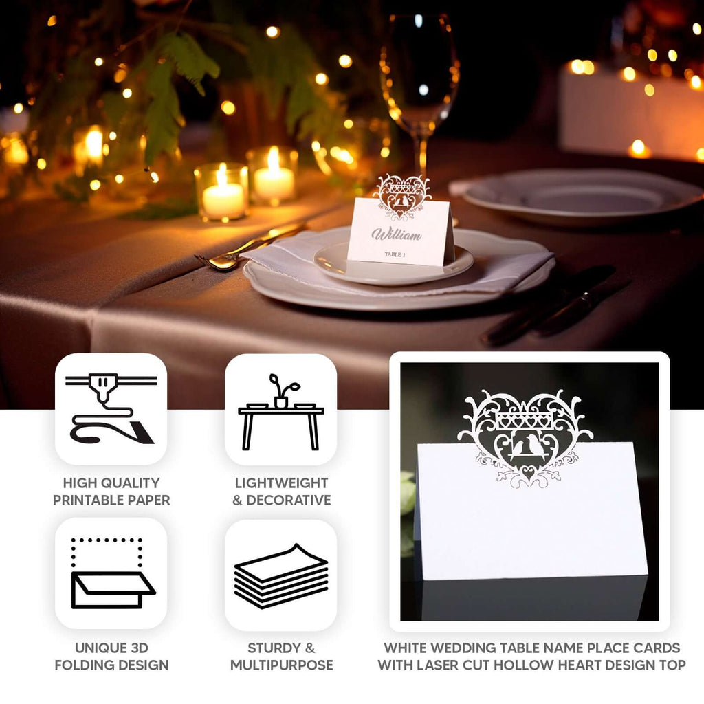 50 - Pack Wedding Place Cards with Laser Cut Hollow Heart Design White - Printable Reservation Seating Tent Cards 210 GSM - Bell Racket Store