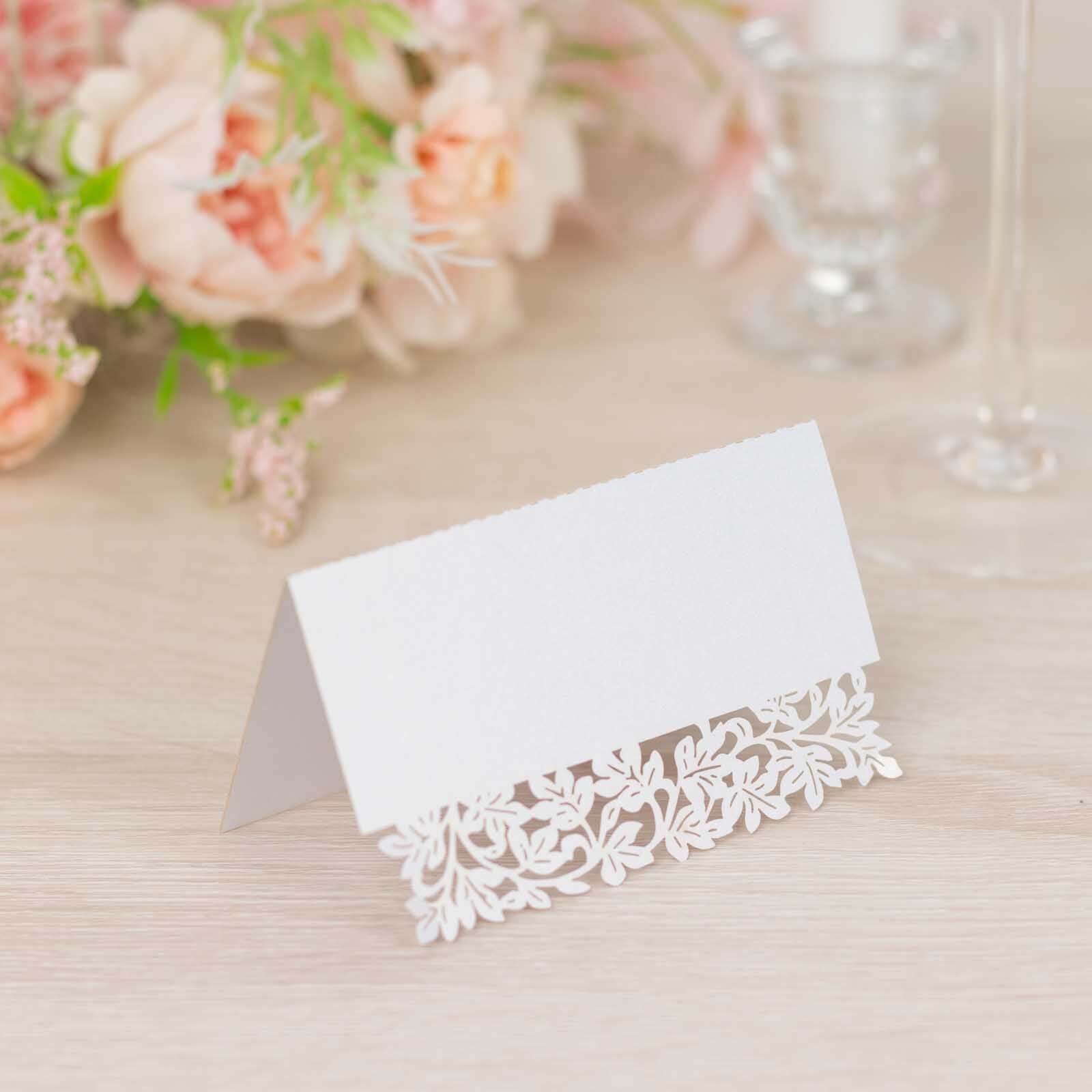 50 - Pack Wedding Place Cards with Laser Cut Leaf Vine Design White - Printable Reservation Seating Tent Cards 210 GSM - Bell Racket Store