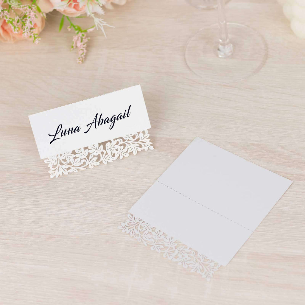 50 - Pack Wedding Place Cards with Laser Cut Leaf Vine Design White - Printable Reservation Seating Tent Cards 210 GSM - Bell Racket Store