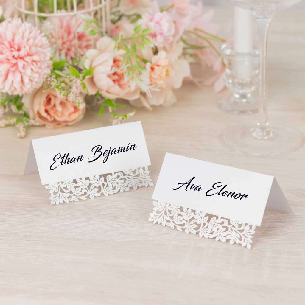 50 - Pack Wedding Place Cards with Laser Cut Leaf Vine Design White - Printable Reservation Seating Tent Cards 210 GSM - Bell Racket Store