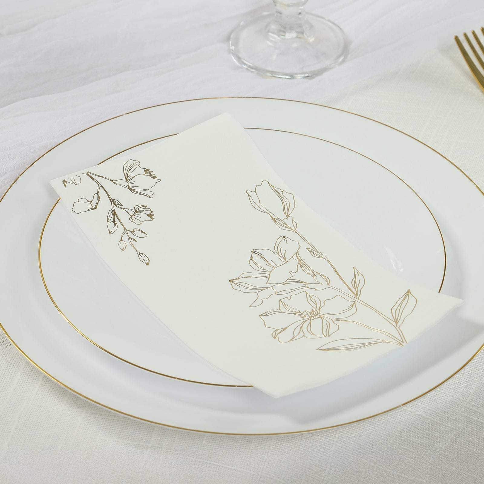 50 Pack White 2 - Ply Paper Party Napkins with Gold Lilly Flowers Print, Highly Absorbent Soft Disposable Dinner Napkins - Bell Racket Store