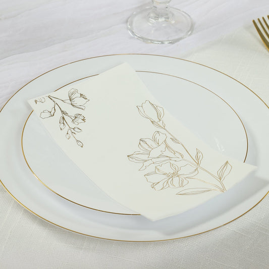 50 Pack White 2 - Ply Paper Party Napkins with Gold Lilly Flowers Print, Highly Absorbent Soft Disposable Dinner Napkins - Bell Racket Store
