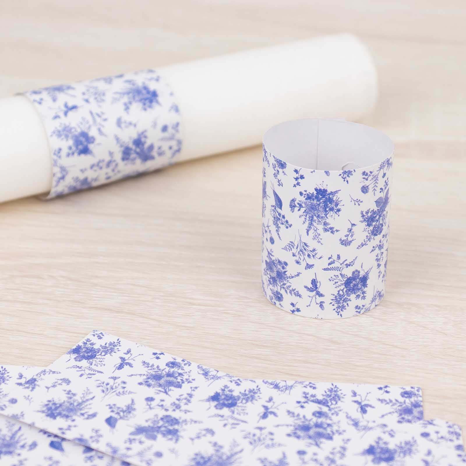 50 Pack White Blue Paper Napkin Holder Bands in French Toile Floral Pattern, Disposable Napkin Rings - 1.5" - Bell Racket Store