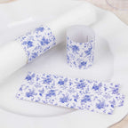 50 Pack White Blue Paper Napkin Holder Bands in French Toile Floral Pattern, Disposable Napkin Rings - 1.5" - Bell Racket Store