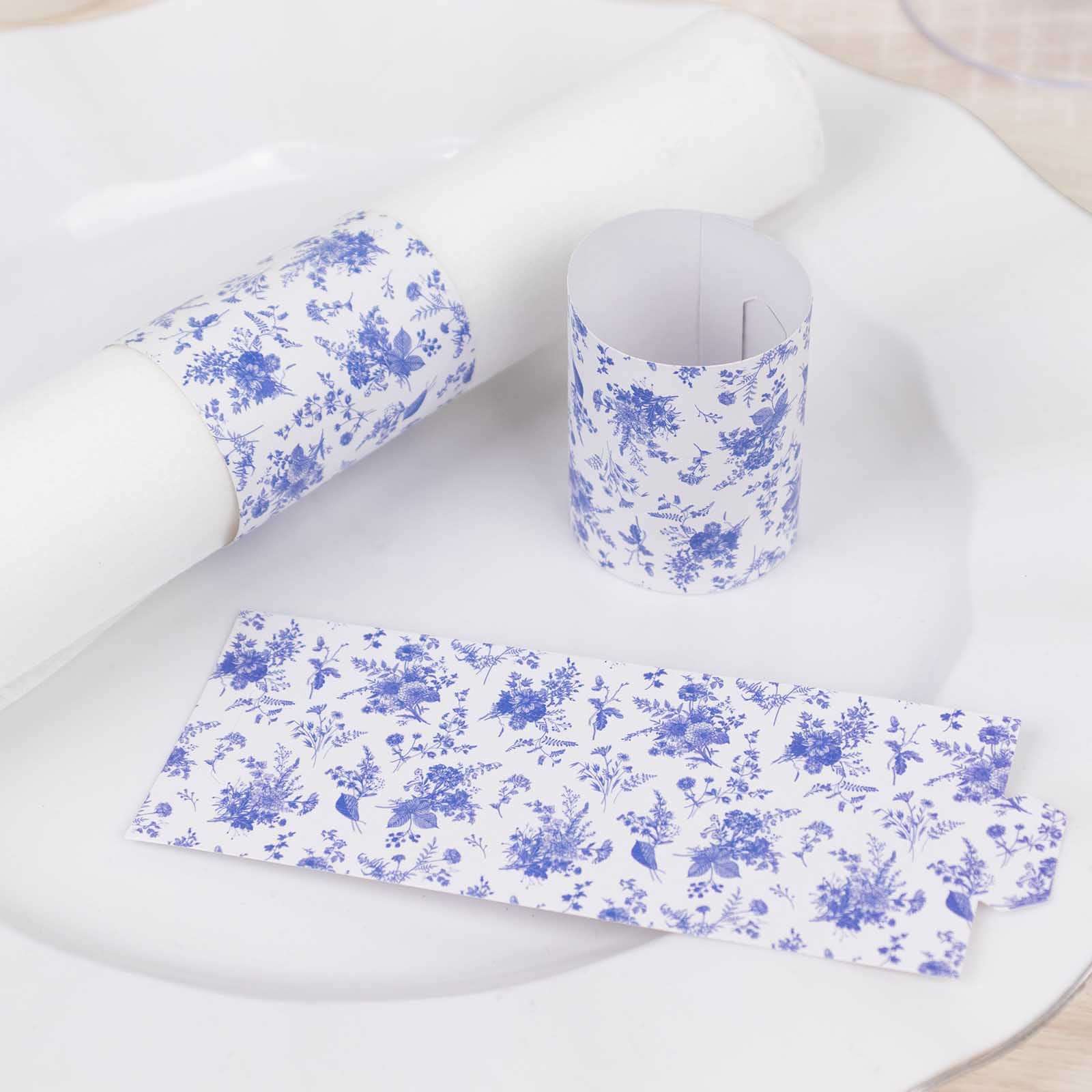 50 Pack White Blue Paper Napkin Holder Bands in French Toile Floral Pattern, Disposable Napkin Rings - 1.5" - Bell Racket Store