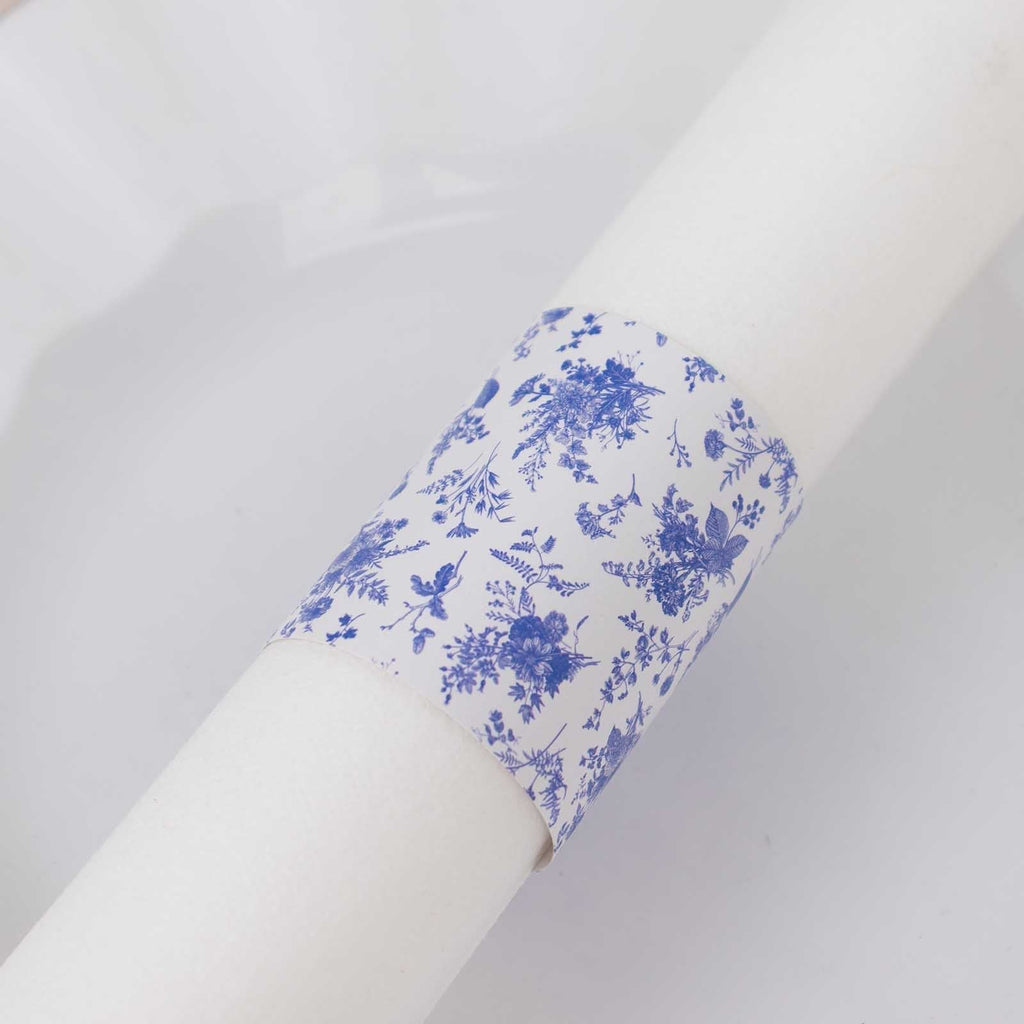 50 Pack White Blue Paper Napkin Holder Bands in French Toile Floral Pattern, Disposable Napkin Rings - 1.5" - Bell Racket Store